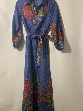 CELINA MOON Blue Floral Maxi Shirt Dress with Tie Belt